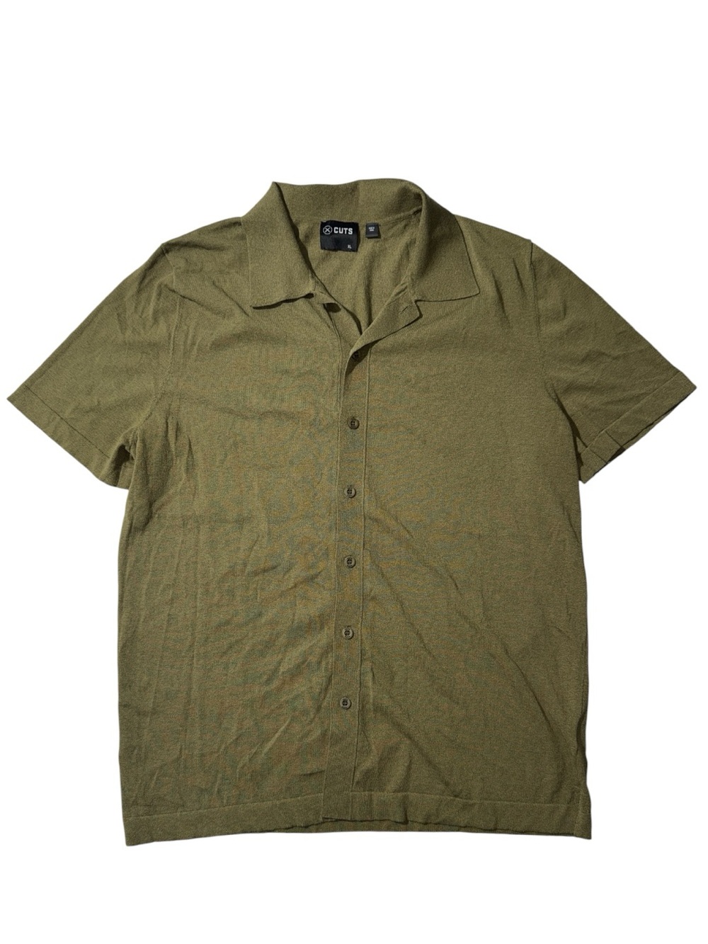 Cuts mens XL olive green solid cotton blend riviera knit camp collar shirt EUC